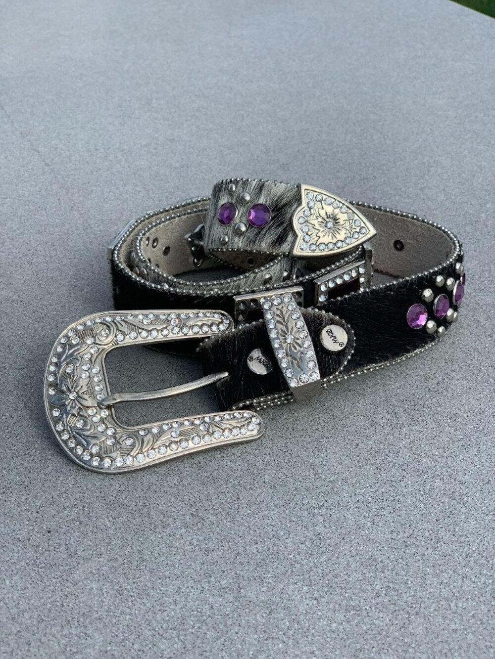BHW Pony Hair Western Belt M Purple Rhinestone Silver Buckle Rodeo Cowgirl Bling